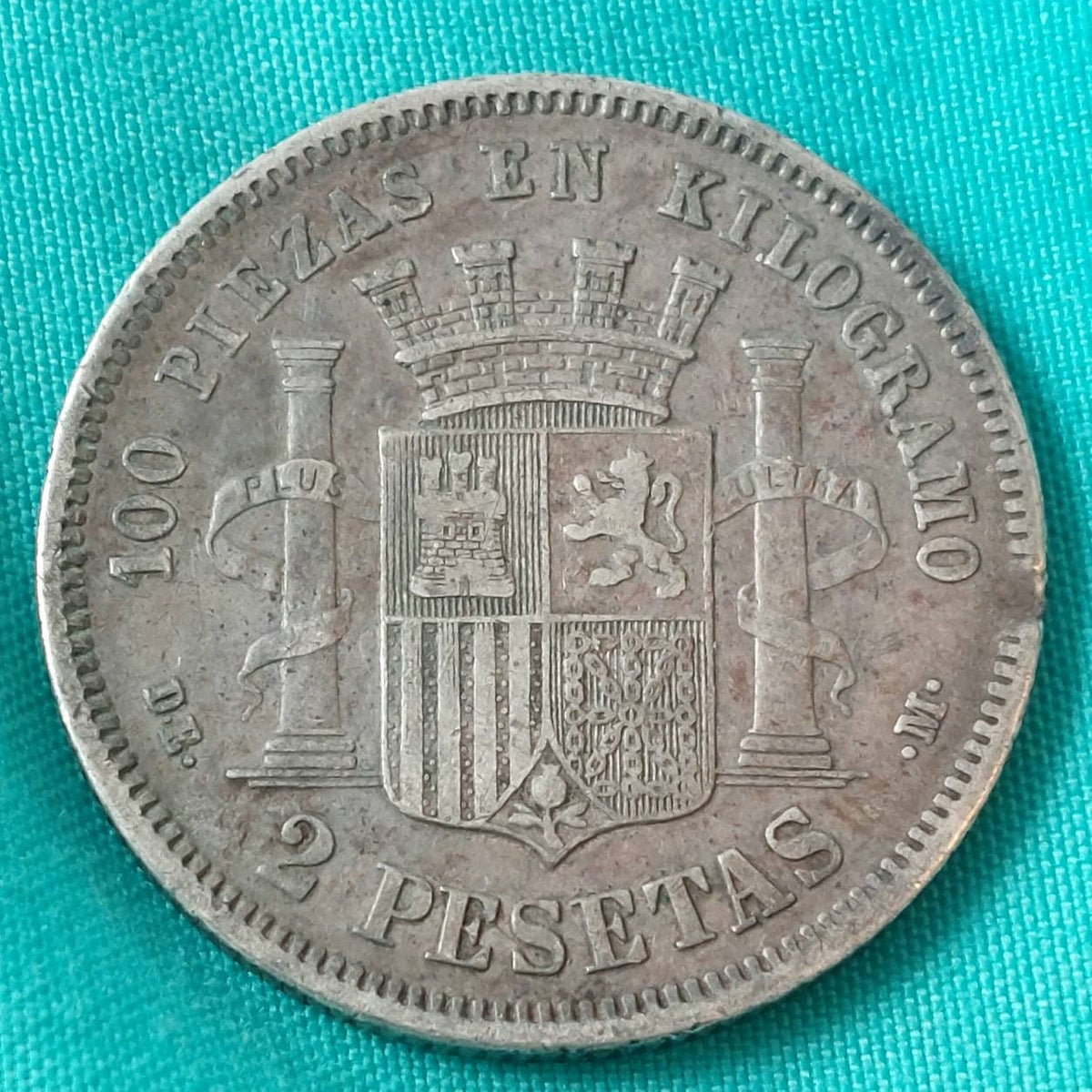 1870 Spainish 2 peseta, silver world coin rare