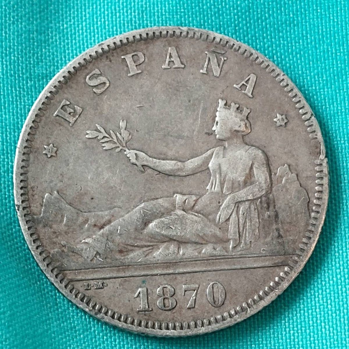 1870 Spainish 2 peseta, silver world coin rare