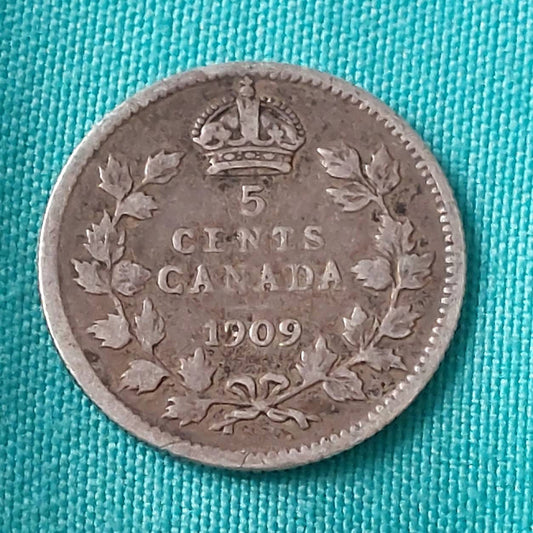 1909 Canadian Sterling silver, 5 cent king george coin, coin collecting