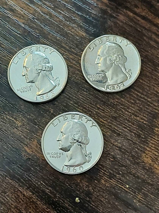 3 1950s/1960s gem proof silver Washington quarters, 90 percent constitutional currency
