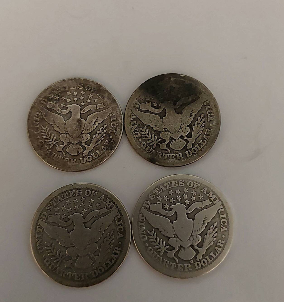 4 early 1900s barber silver quarters, 90 percent silver America coins