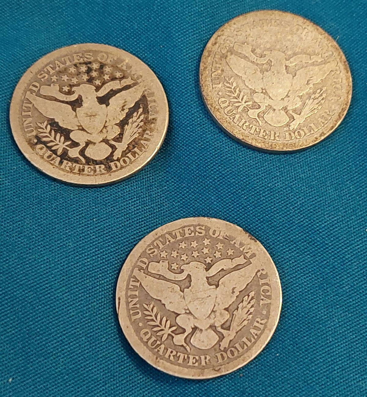 3 1800s barber silver quarters, rare 1892, 1893, 1895 90 percent coin