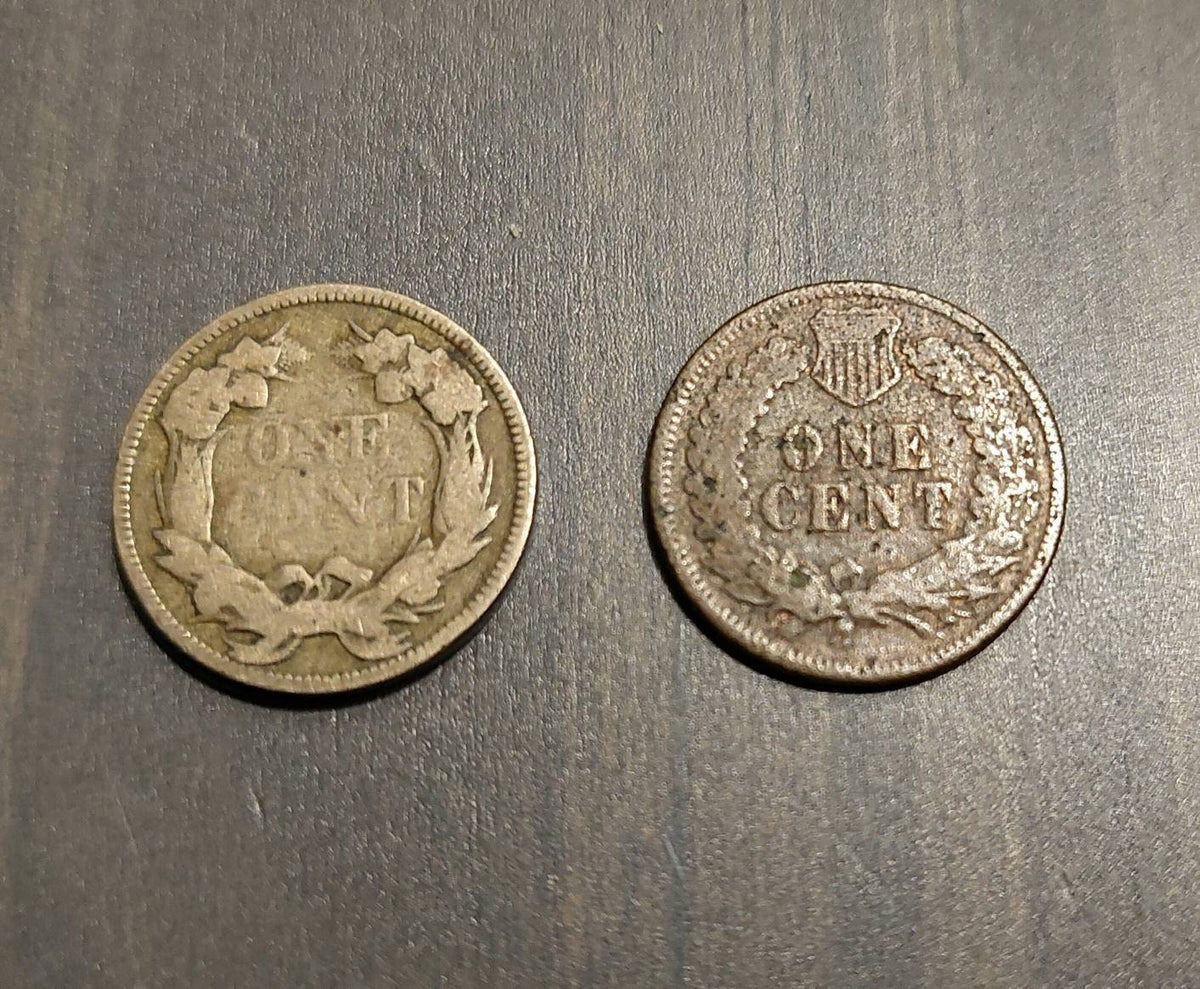1857 flying eagle cent and 1874 key date indian head pennies, two rare copper antique cents!