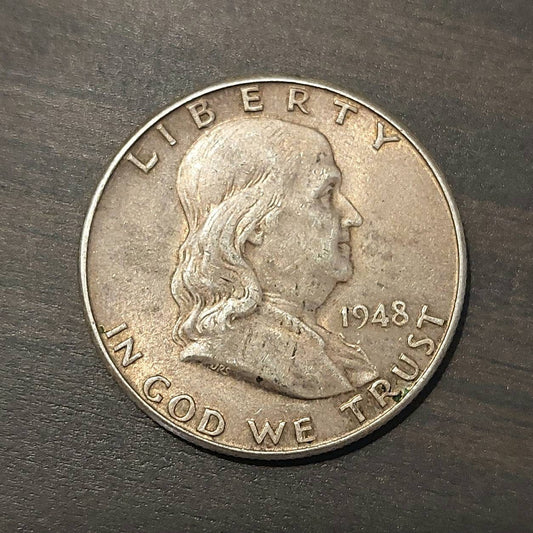 1948d silver Franklin half dollar, first year of issue denver mint, high grade
