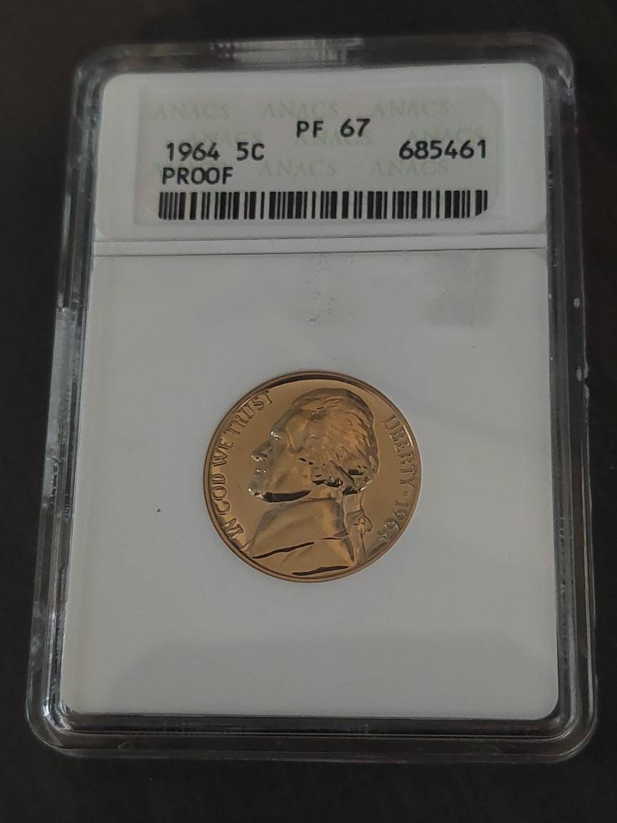 1964 Jefferson nickel proof, old anacs soapbox graded proof67