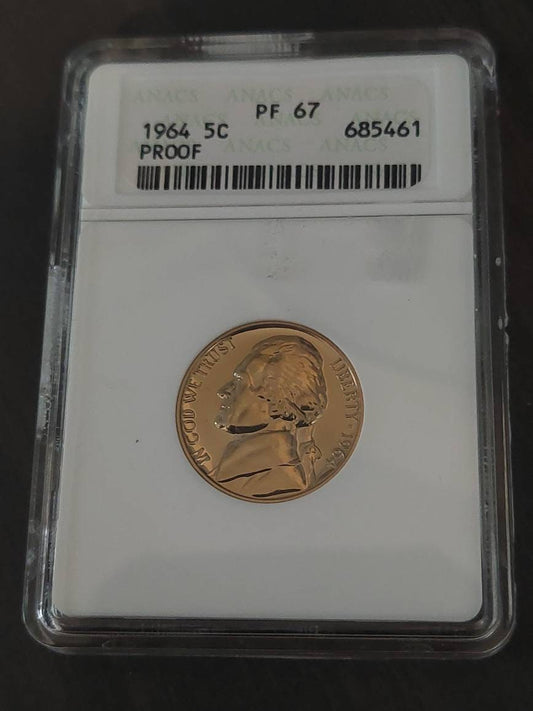 1964 Jefferson nickel proof, old anacs soapbox graded proof67