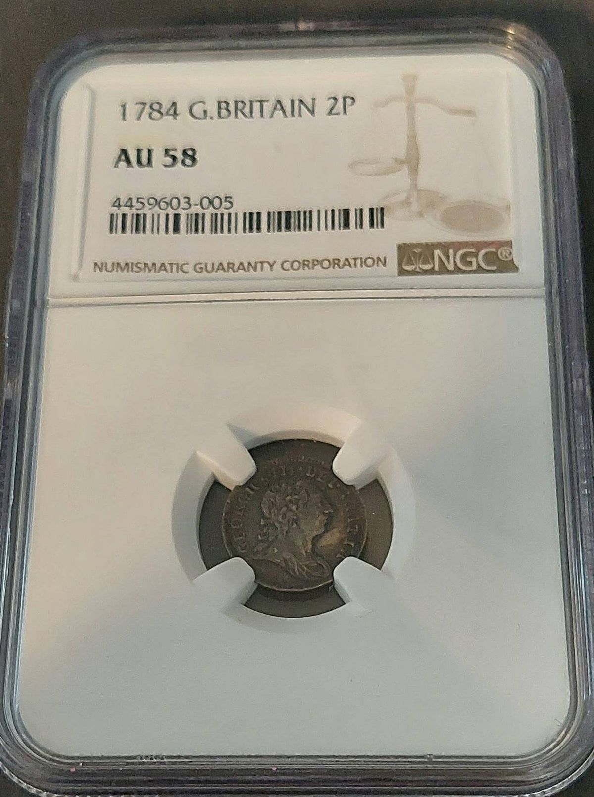 1784 British 2 pence colonial silver coin, graded au58 by ngc, colonial era silver 2 pence coin