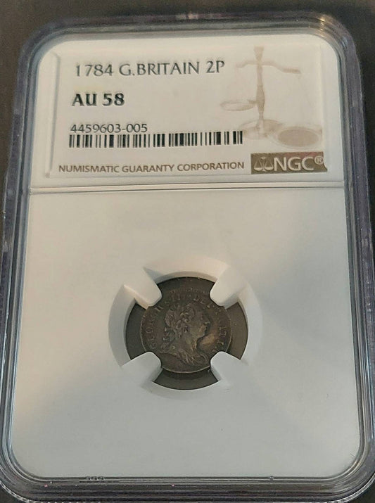 1784 British 2 pence colonial silver coin, graded au58 by ngc, colonial era silver 2 pence coin