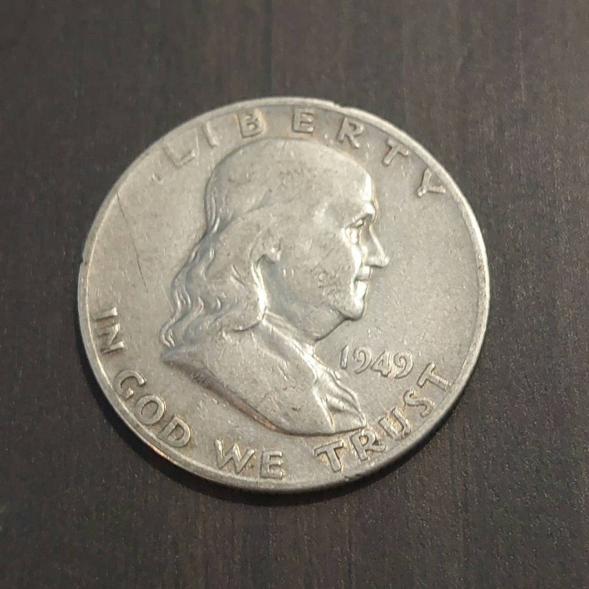 1949d early silver Franklin half dollar,  90 percent silver