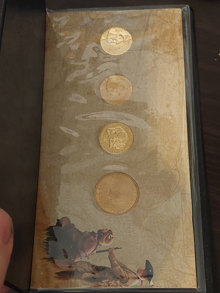 Lewis and Clark bicentennial coin and currency set, uncirculated 2 dollar bill and 24kt gold plated coin set