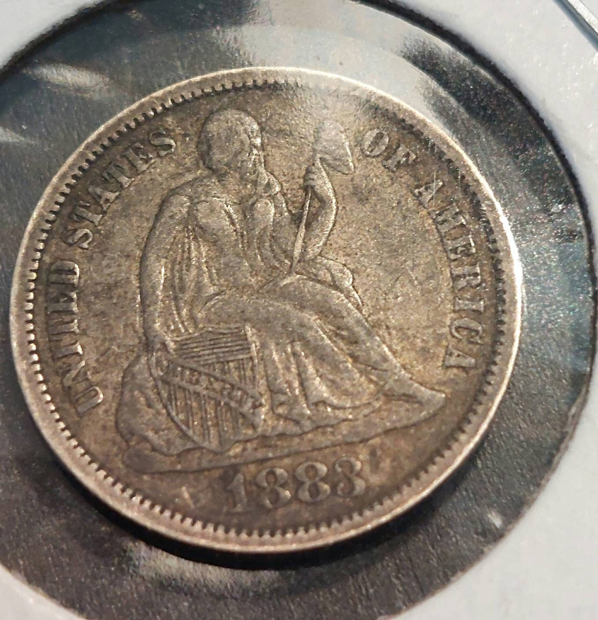 1883 high grade seated liberty dime, love token, for mary