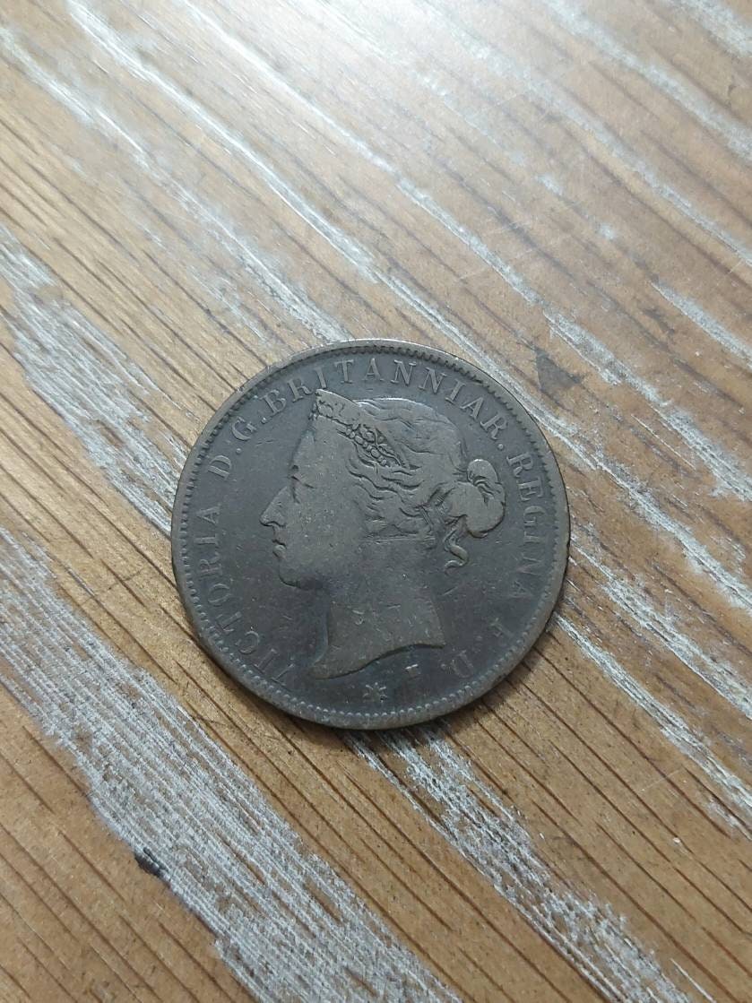 1877h Island of jersey, British colony coin, copper one twelfth of a shilling rare copper large cent