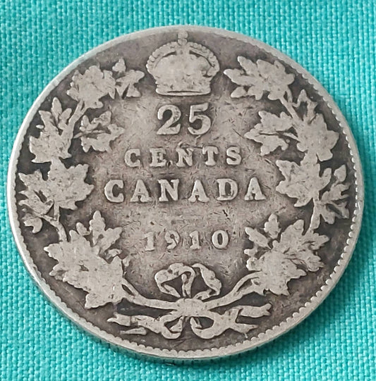 1910 sterling silver Canadian 25 cent coin king george