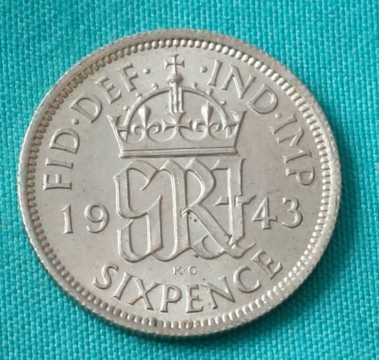 1943 British silver sixpence lucky wedding coin, mint state condition beautiful ww2 era coin lucky