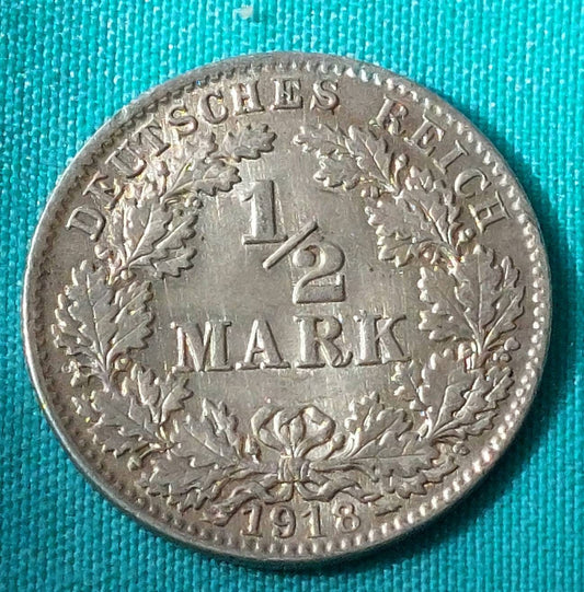 1918d silver German half mark, uncirculated world War one money a popular Deutschland coin