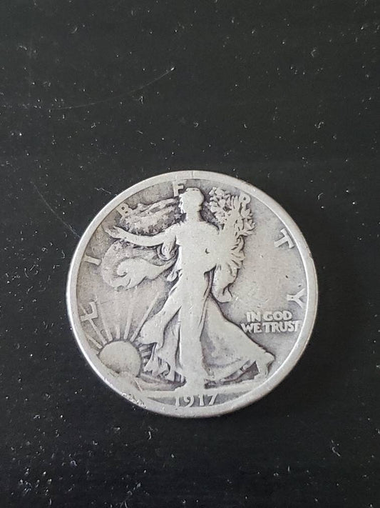 1917s reverse walking liberty half dollar better date second year silver coin, 90 percent silver low mintage