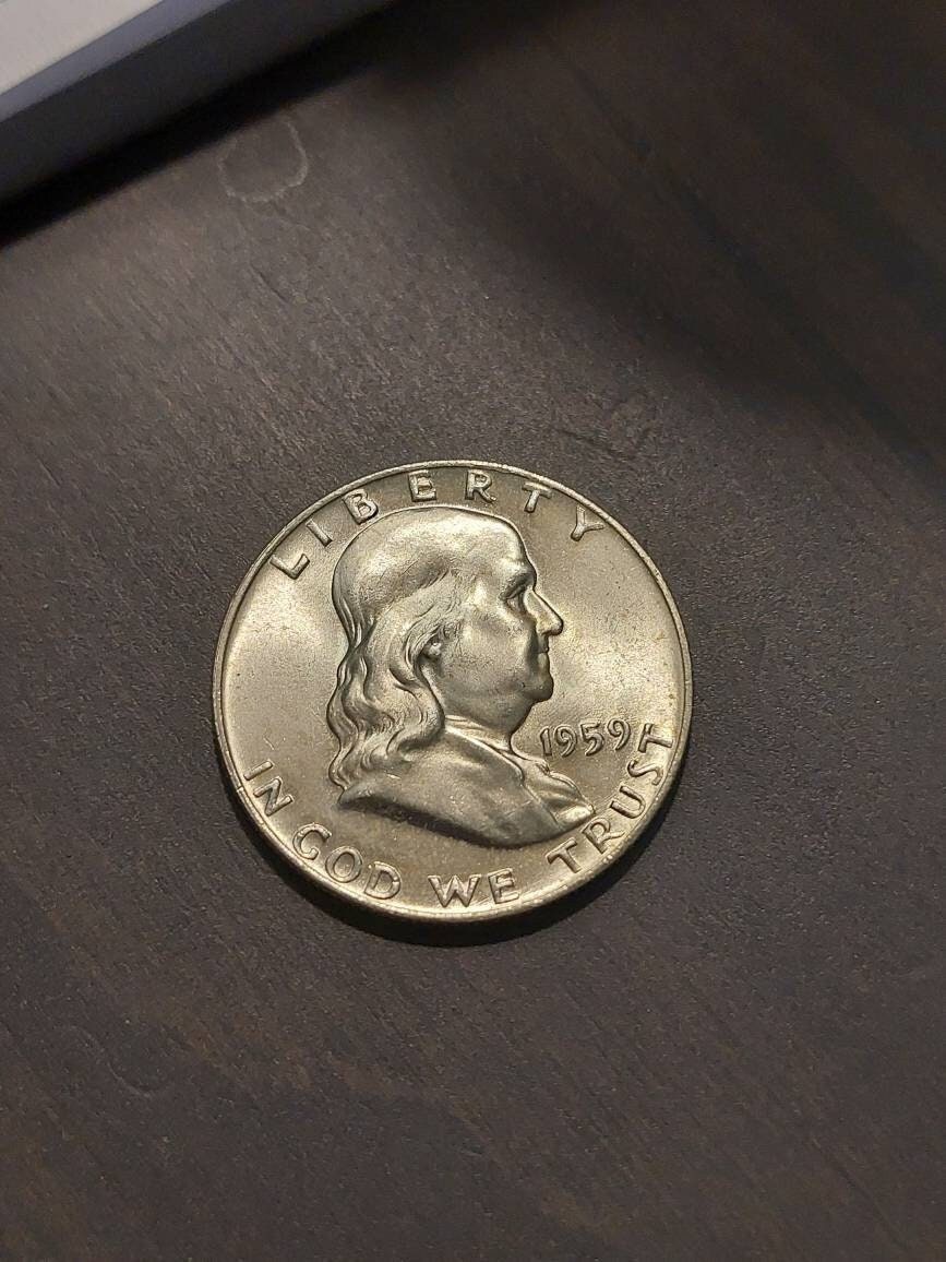 1959d franklin silver half dollar,  beautiful mint state coin 90% silver vibrant America currency