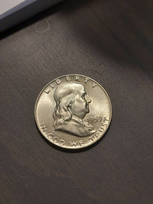 1959d franklin silver half dollar,  beautiful mint state coin 90% silver vibrant America currency