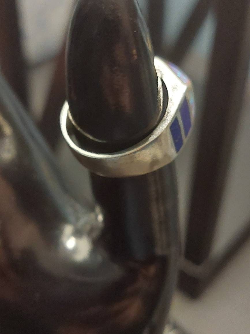 Size 7 vintage sterling silver unique statement ring, opal and cobalt inlay, unisex ring, 6 grams