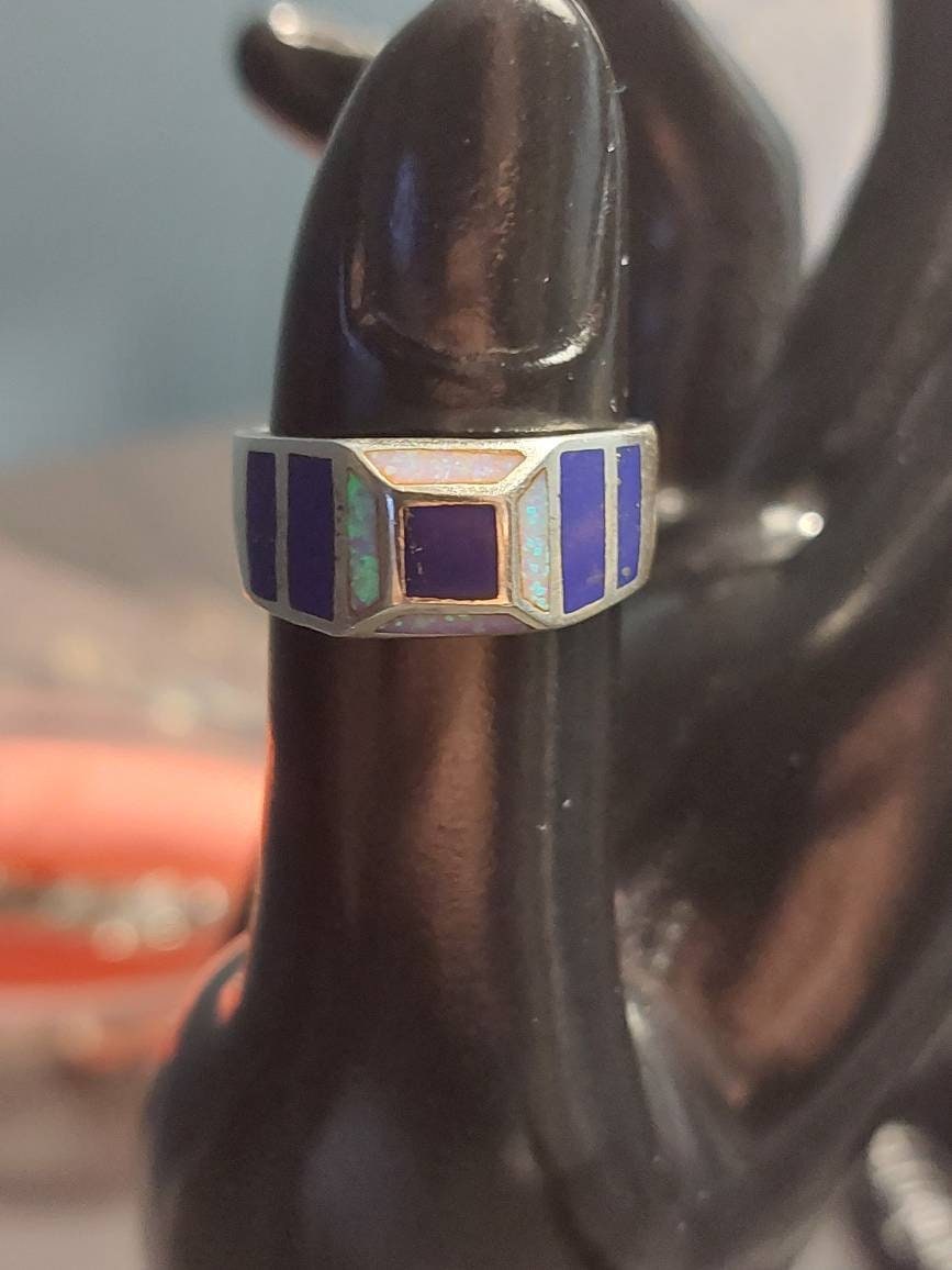 Size 7 vintage sterling silver unique statement ring, opal and cobalt inlay, unisex ring, 6 grams