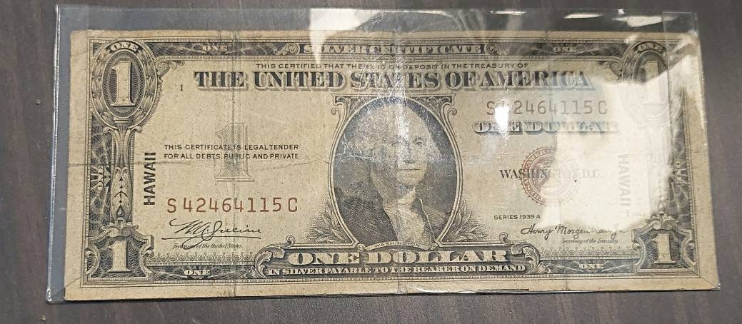 1935a Hawaii overprint silver certificate,  brown seal emergency ww2 issue, gifts for him, coin collecting