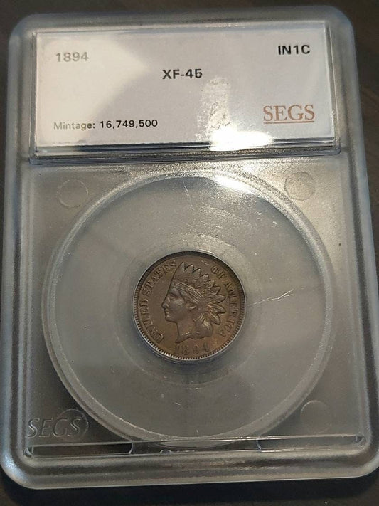 1894 indian head cent, low mintage date, graded xf45 by segs