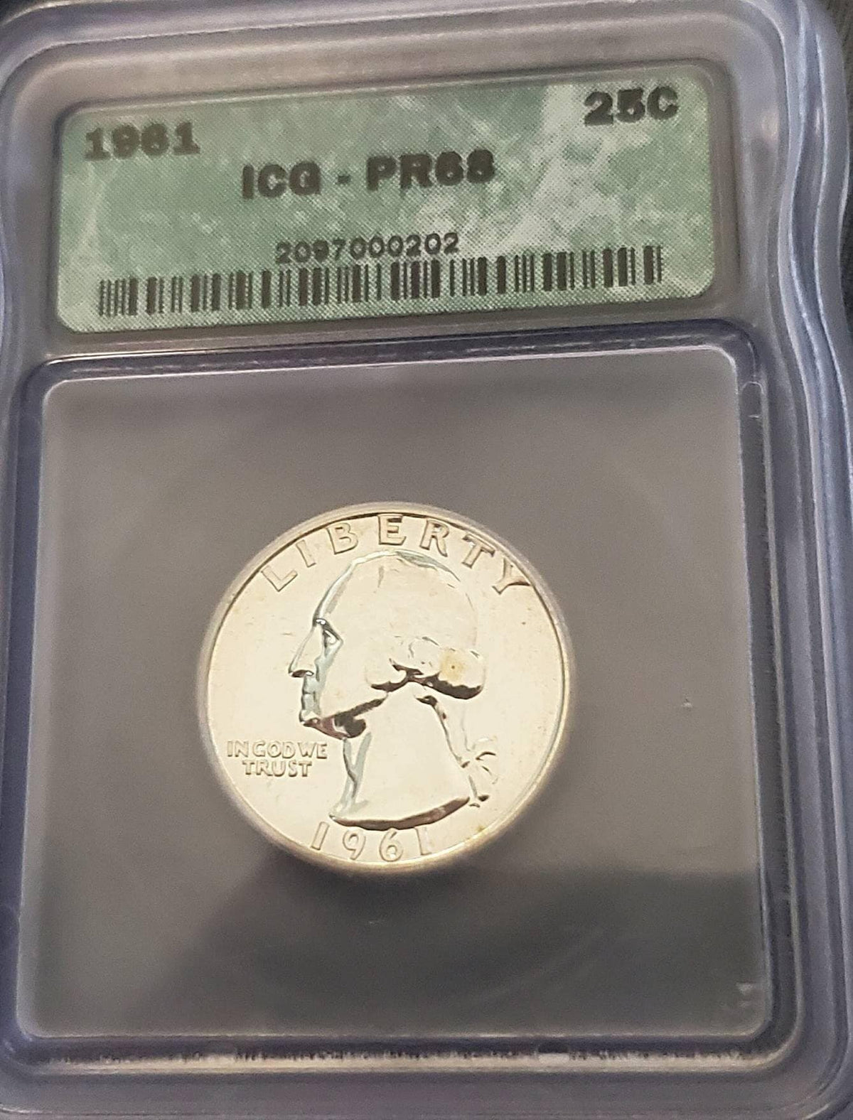 1961 proof Washington silver quarter superb gem proof 68, graded silver proof coin by ICG