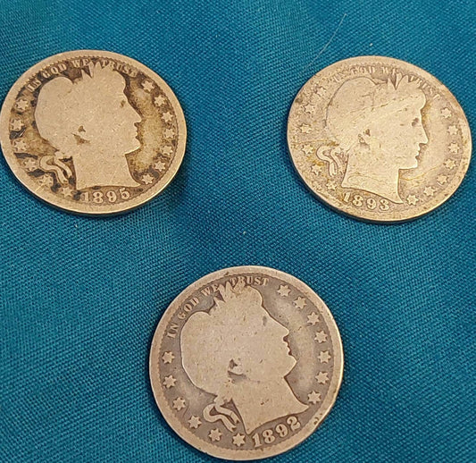 3 1800s barber silver quarters, rare 1892, 1893, 1895 90 percent coin