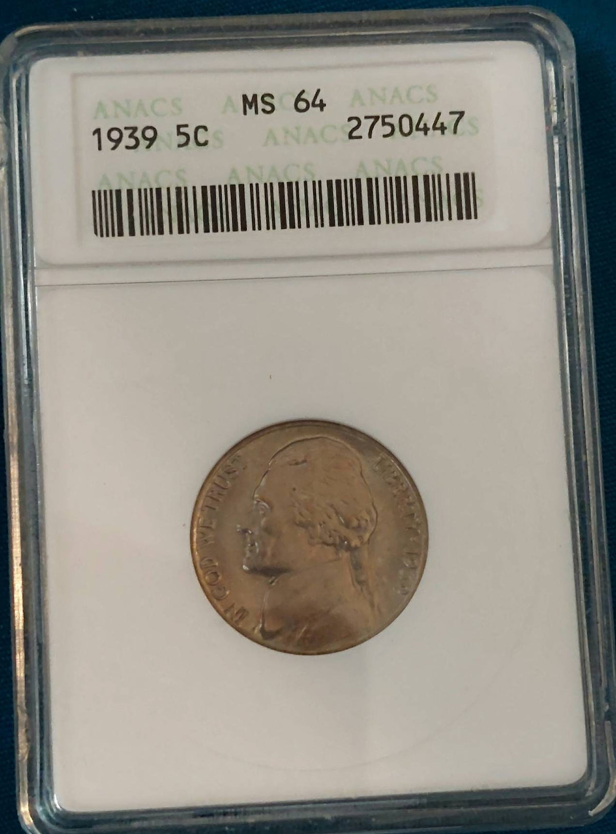 1939 anacs graded Jefferson nickel ms64 old soapbox holder