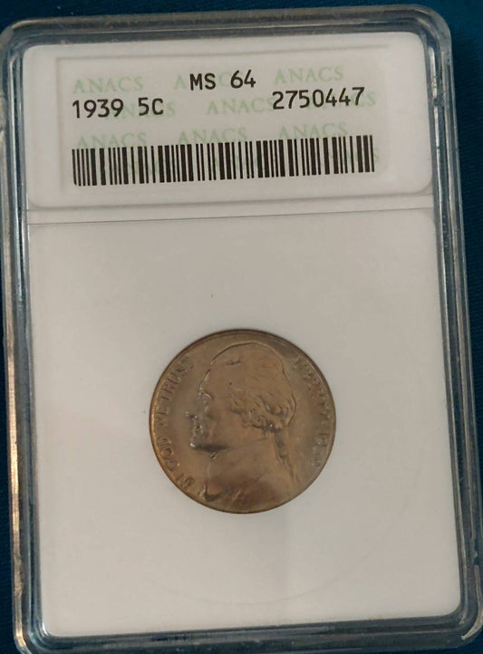 1939 anacs graded Jefferson nickel ms64 old soapbox holder