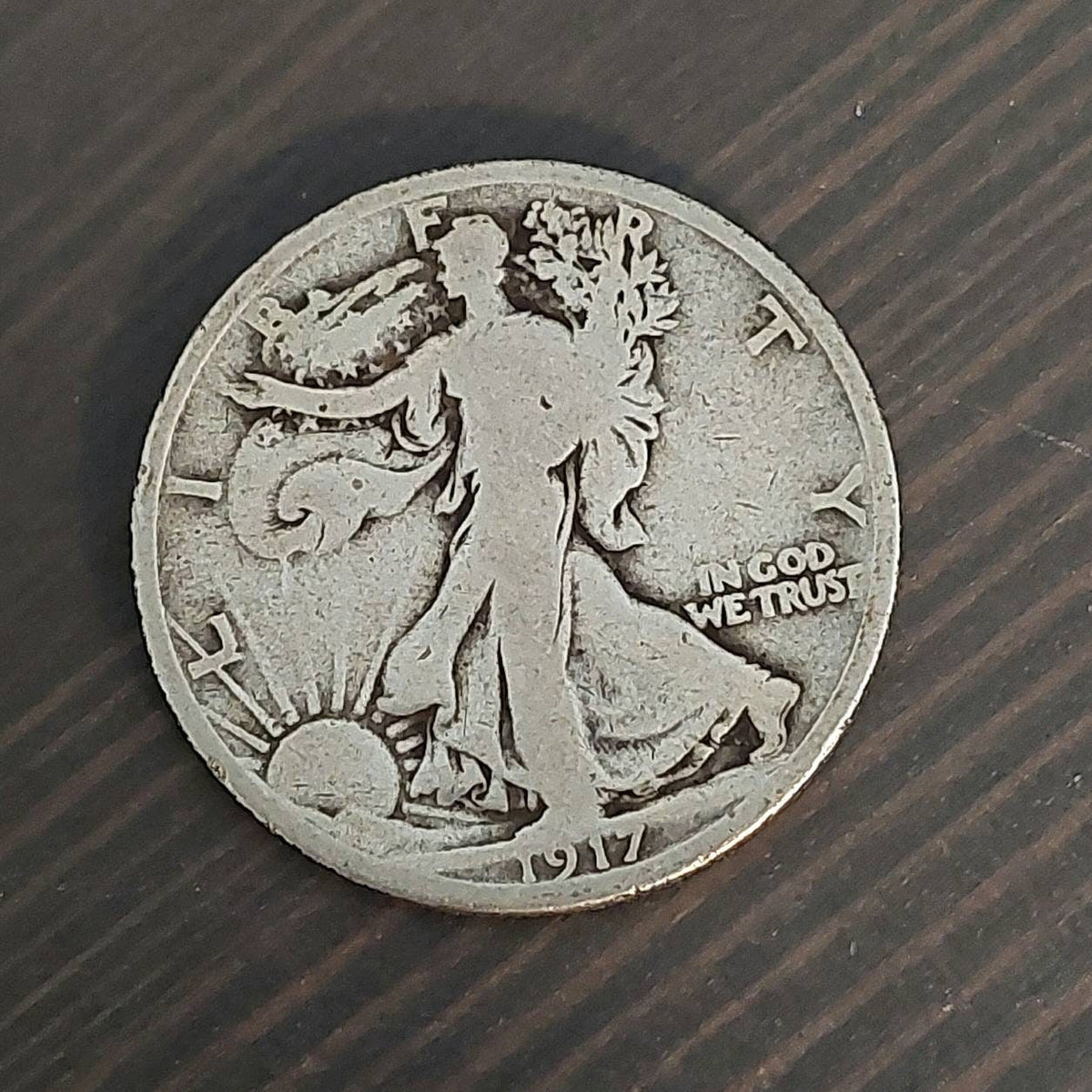 1917p walking liberty half dollar, original good coin 90 percent silver