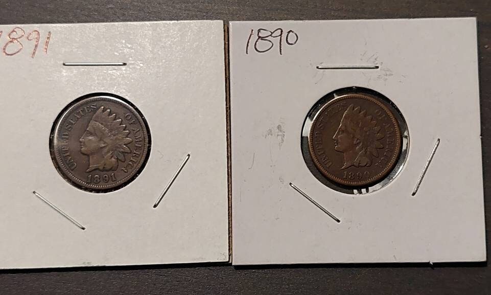 1890 and 1891 indian head cents, two very fine copper coins