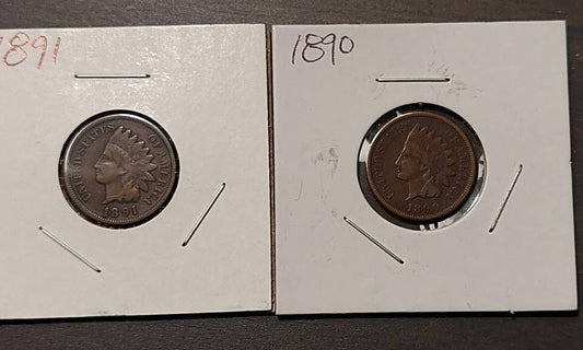 1890 and 1891 indian head cents, two very fine copper coins