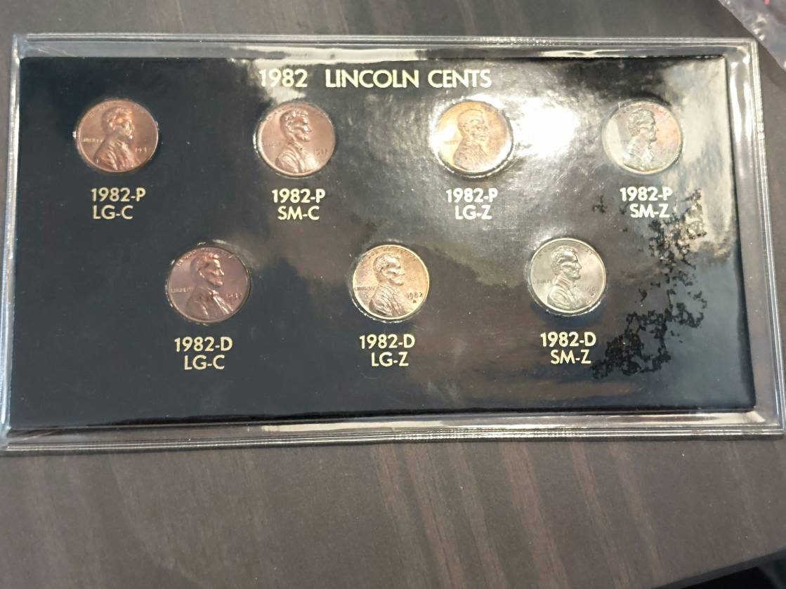 1982 Lincoln cent uncirculated set, all 7 varieties for the year some have tremendous toning
