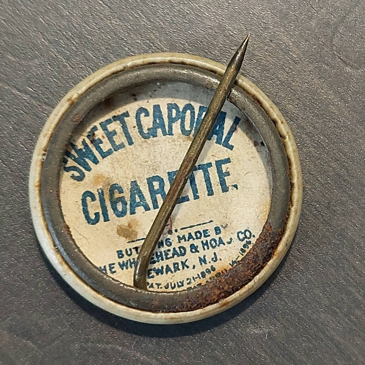 1890s state of New Jersey celluloid pinback, sweet capital cigarette company