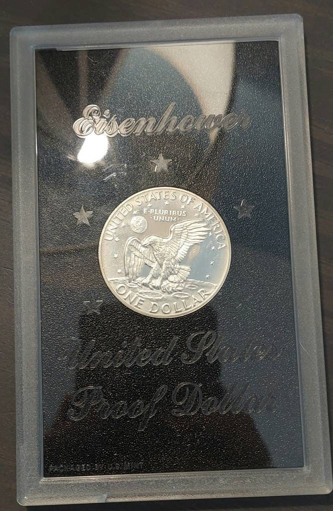 1973s proof silver Eisenhower dollar, in original government holder