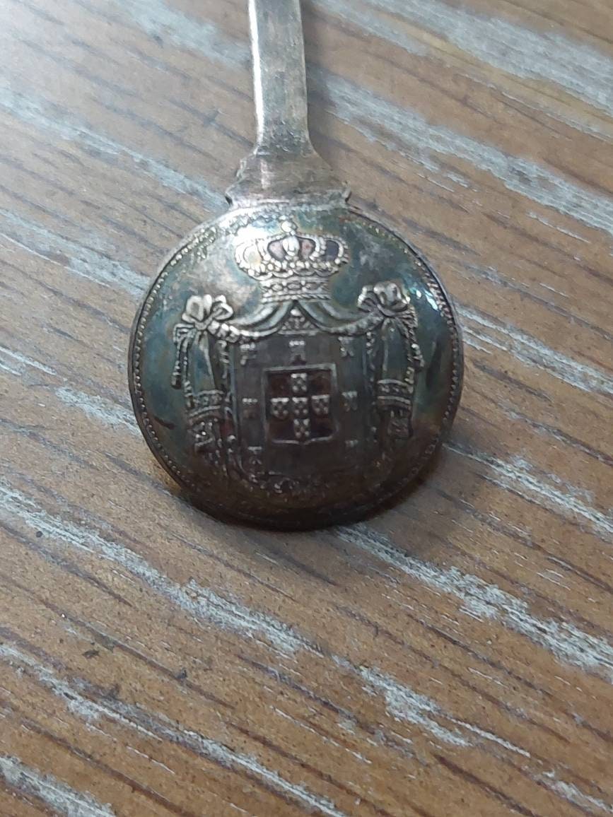 1908 Portuguese silver coin, made into 4 inch long decorated sterling silver spoon