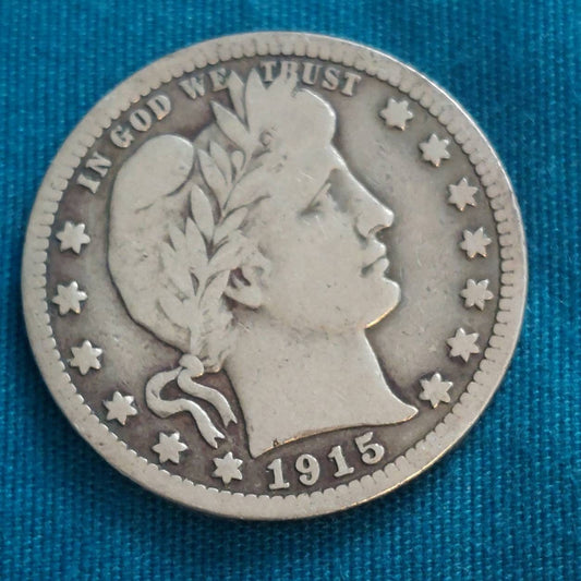 1915p barber silver quarter, very good plus 90 percent antique American coin