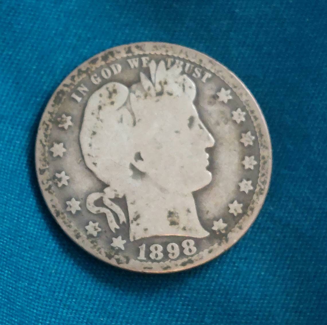 1898o barber silver quarter, good condition semi key date 90 percent silver antique coin