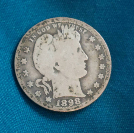 1898o barber silver quarter, good condition semi key date 90 percent silver antique coin
