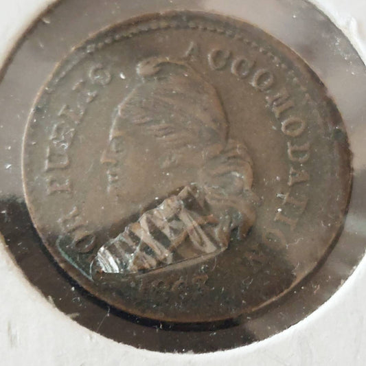 1863 civil war token, slightly rarer design accommodation for public, united state copper