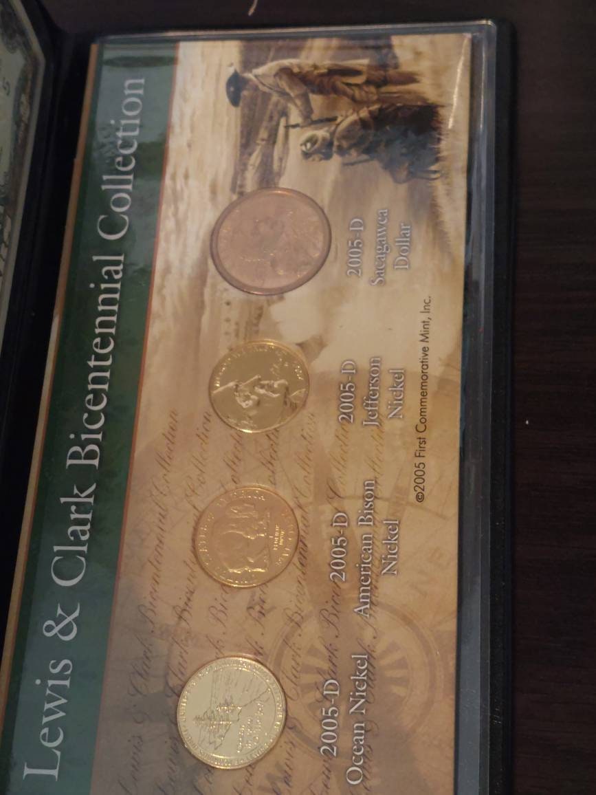Lewis and Clark bicentennial coin and currency set, uncirculated 2 dollar bill and 24kt gold plated coin set