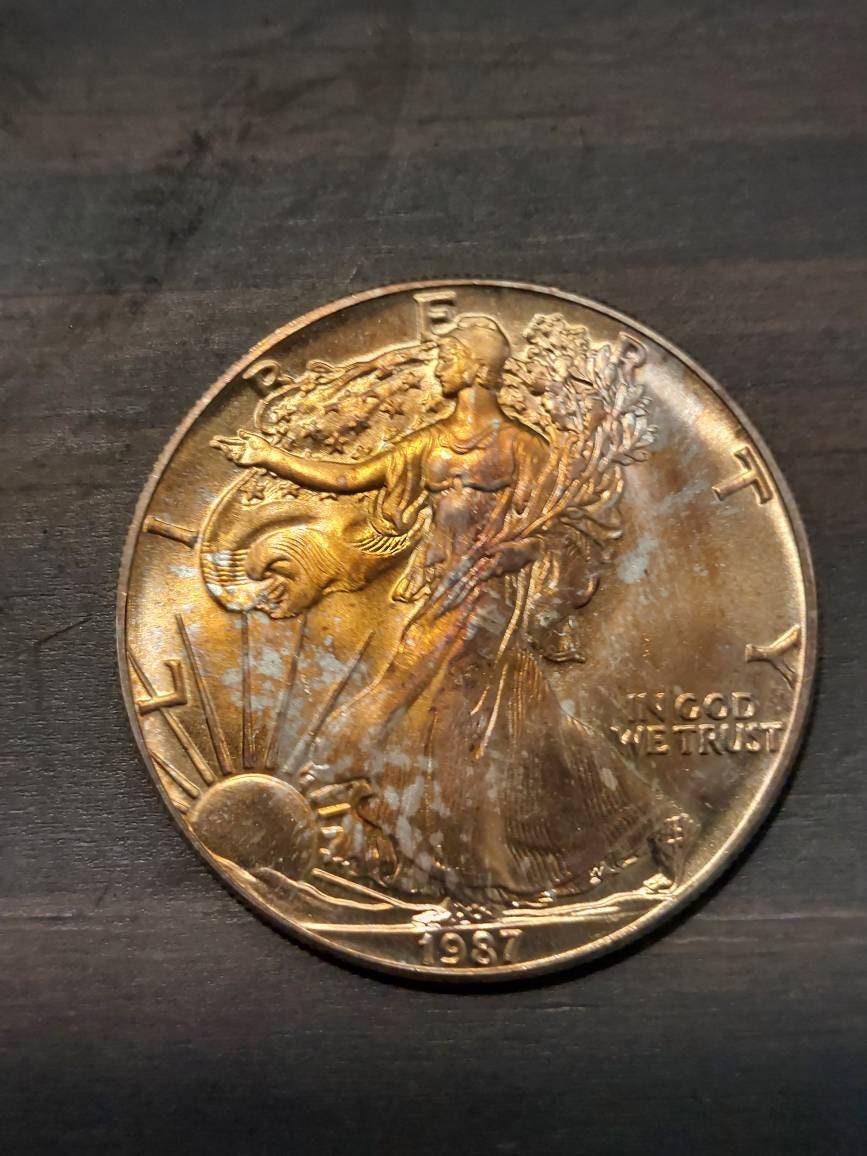 1987 beautiful uncirculated naturally toned American silver eagle, one ounce silver ships free, us coin collecting