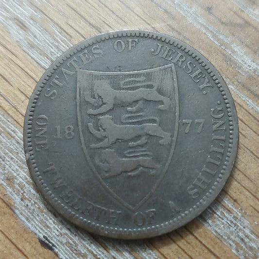 1877h Island of jersey, British colony coin, copper one twelfth of a shilling rare copper large cent