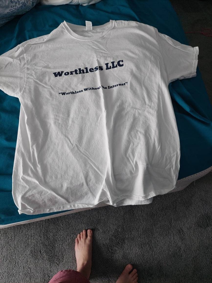 WorthlessLLC custom made white graphic t-shirts, size xl unisex make a statement