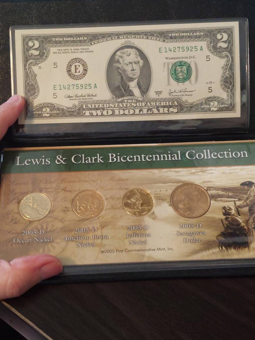 Lewis and Clark bicentennial coin and currency set, uncirculated 2 dollar bill and 24kt gold plated coin set