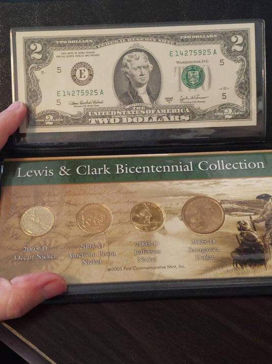 Lewis and Clark bicentennial coin and currency set, uncirculated 2 dollar bill and 24kt gold plated coin set