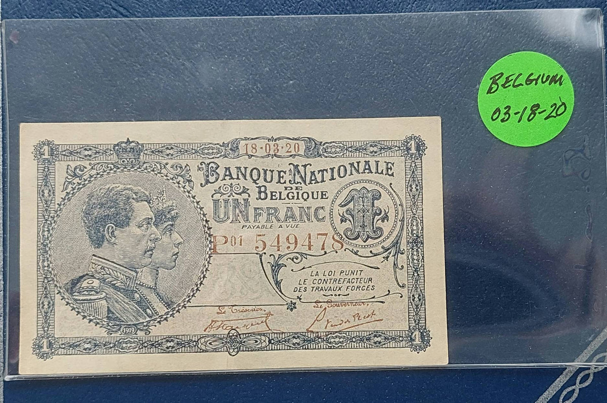 Belgium 1920s one franc old currency, high grade rare note