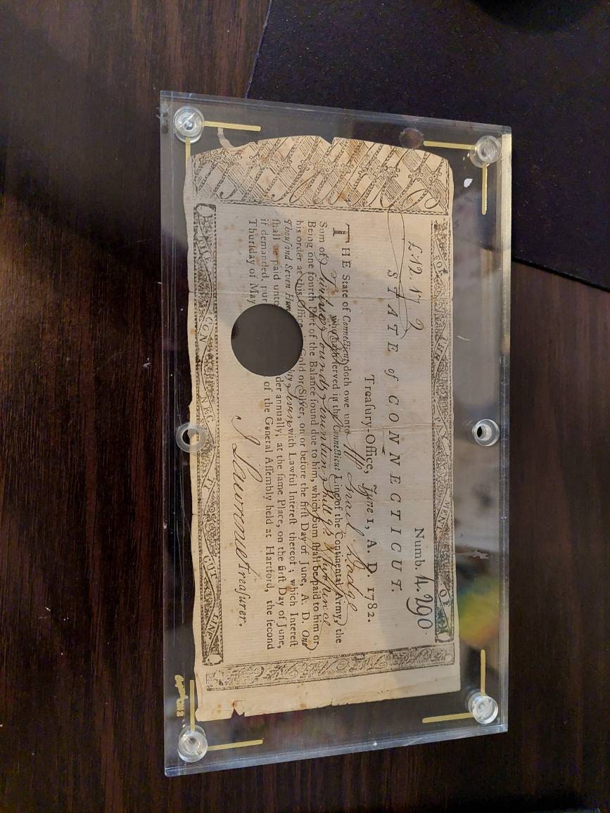 1780s revolutionary War payment bond, state of Connecticut 1782 certificate to isreal dodge, authentic in capital holder