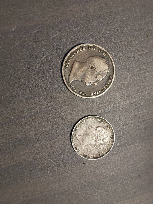 1834 king george sixpence and 1887 high grade queen Victoria 3 pence, two silver antique British coin